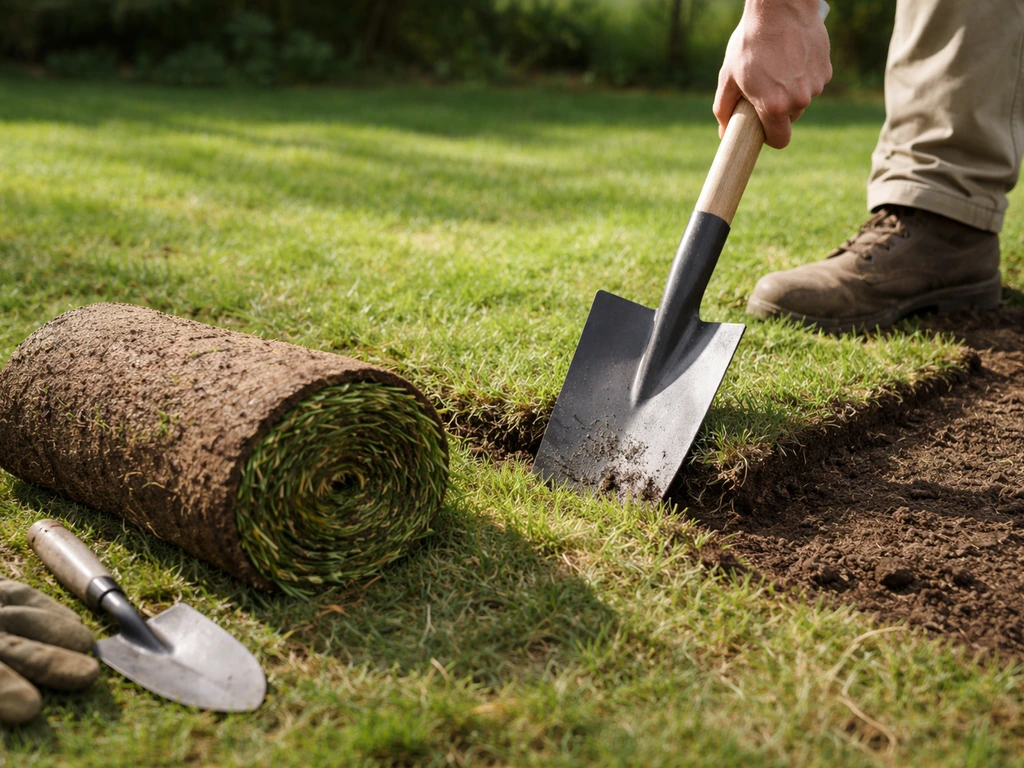 Handmatig graszoden lossteken met spade, met opgerolde zode op de grond in een tuin