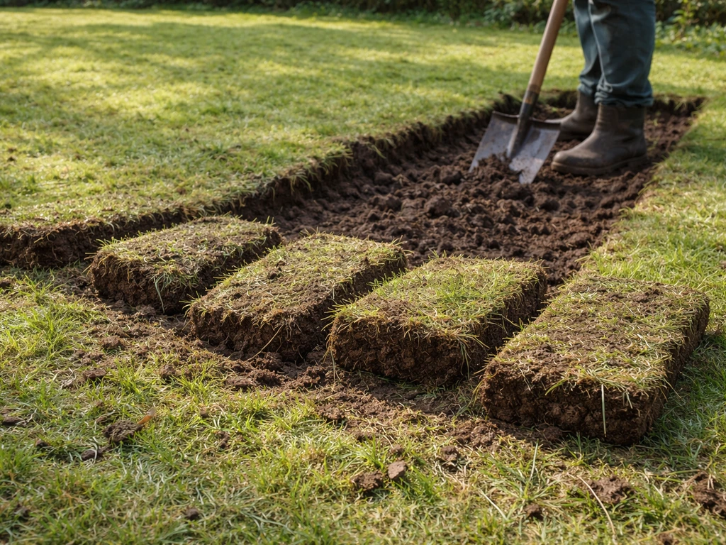 Omgekeerde graszoden op de grond, met aarde en wortelresten zichtbaar bij het omgraven.