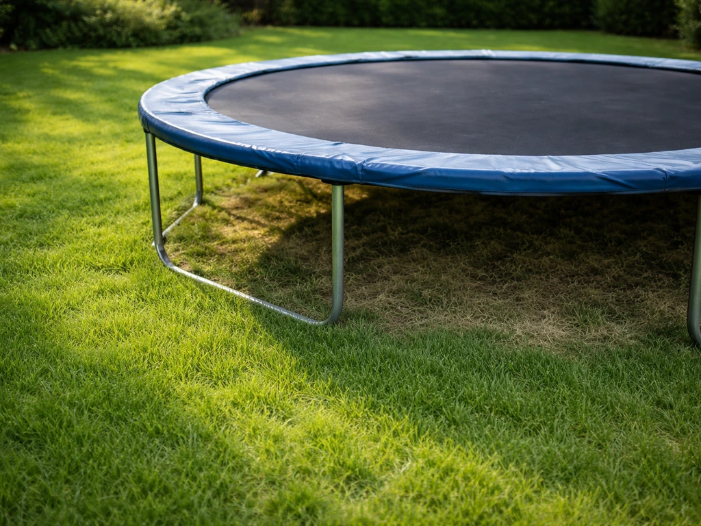Trampoline op gazon; het gras onder de mat groeit minder door schaduw, vergeleken met de rest van het gras.
