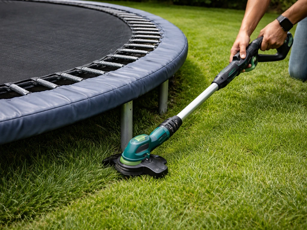 Accu-grastrimmer die het gras langs de rand van een trampoline netjes maait, met springmat en veren zichtbaar.