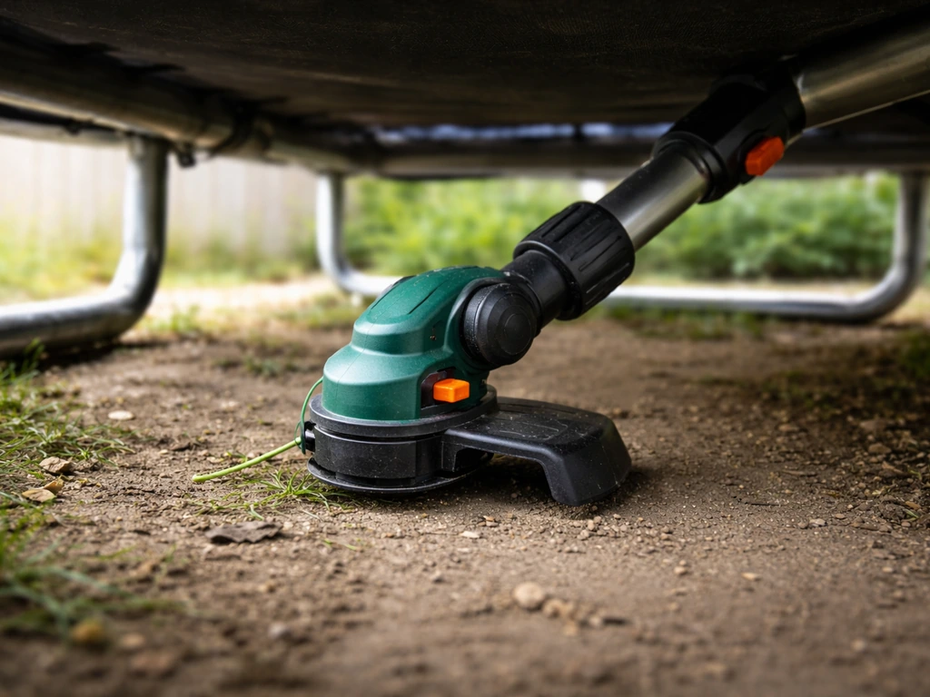Close-up van een smalle accu-grastrimmer onder een trampoline, met zwenkbare kop en instelbare maaihoogte.