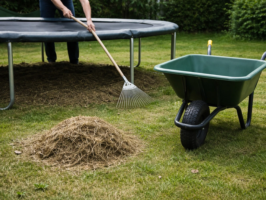 Maaisel onder een trampoline bij elkaar geveegd met hark, klaar om naar composthoop te brengen.