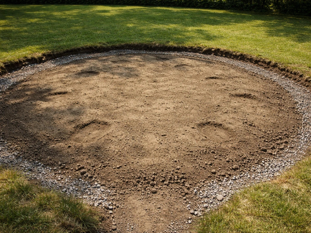 Egaliseren van ondergrond rond een trampoline: gladde bodem met kuiltjes bij poten en aandacht voor afvoer.