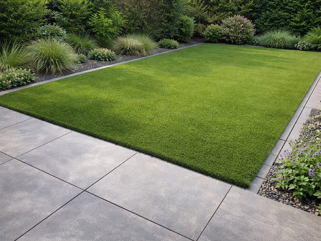 Voorbeeld van een moderne Nederlandse tuin waar gras is vervangen door kunstgras met beplanting en hybride bestrating