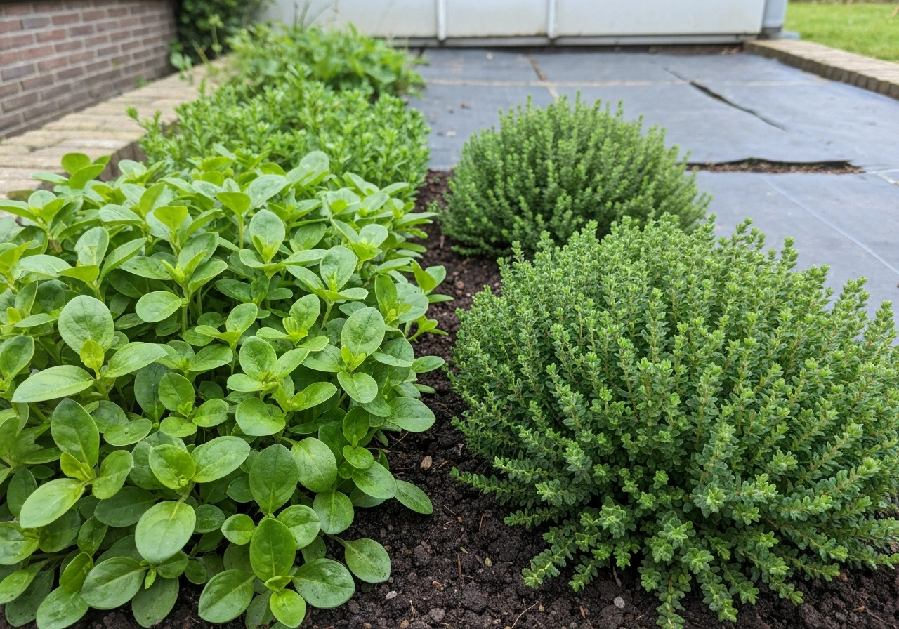 Tuin waarin meerdere lage bodembedekkers naast elkaar groeien, met duidelijk zon- en schaduweffect.
