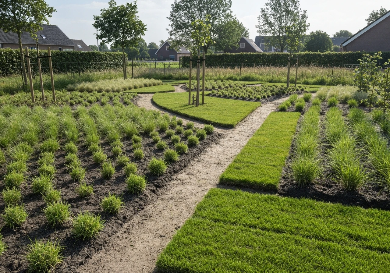 Hybride tuinpad met tegels en grasachtige stroken, met duidelijke overgangen tussen beide.