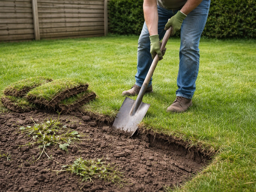 Een tuinier steekt met schop graszoden los; open aarde met wortelresten in een simpele tuin.