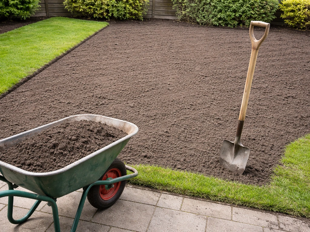 Tuinperceel met kruiwagen en schep tuinaarde, egale laag onder nieuw aangelegd gras.