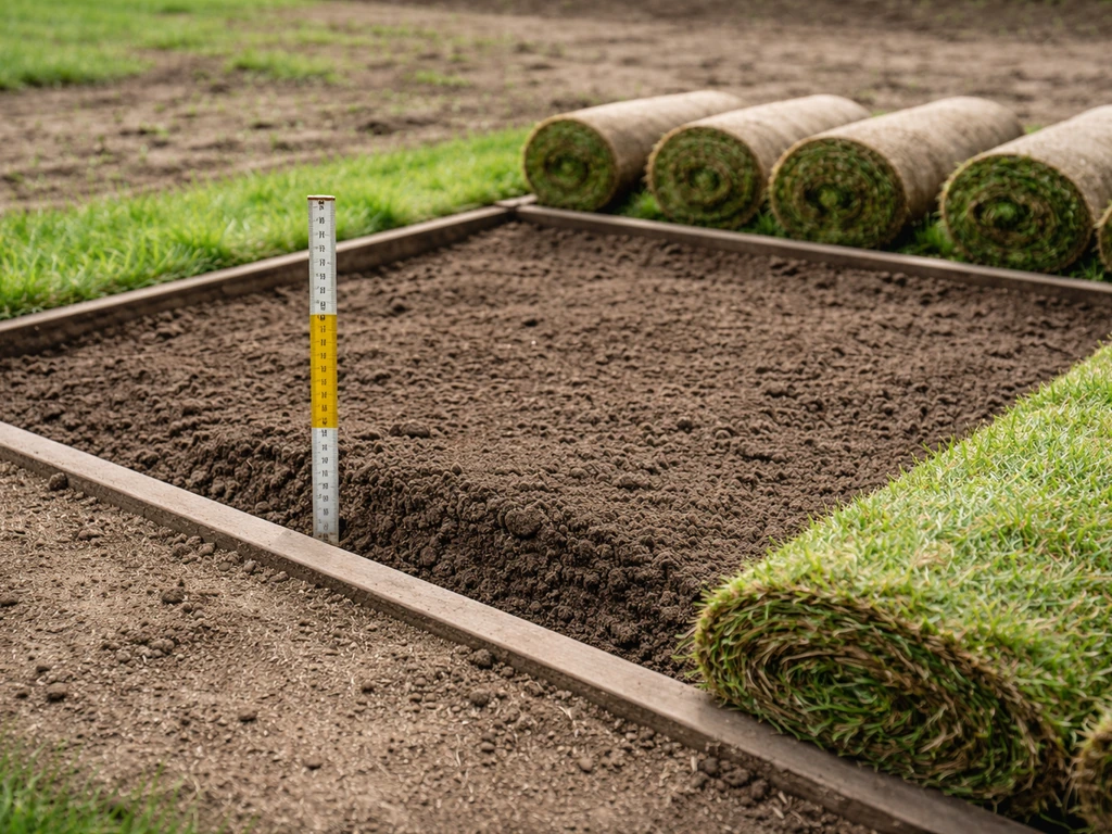 Losgemaakte tuinaarde in een tuinbed met een maatlat die de laagdikte van 10–15 cm aangeeft.