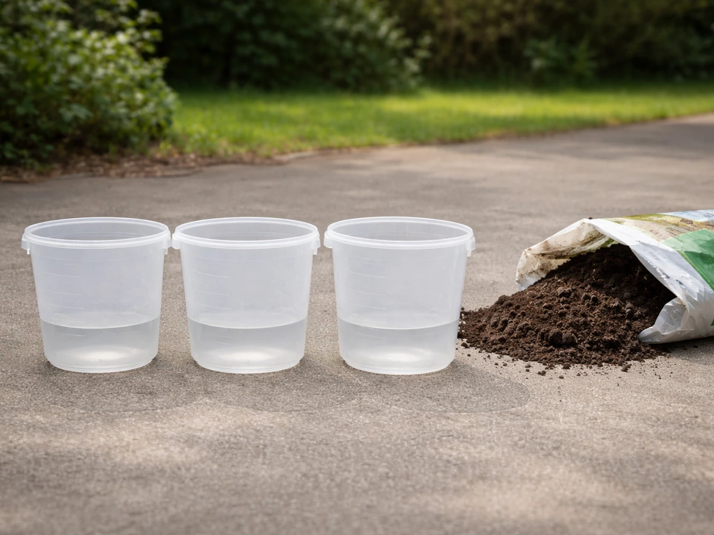 Drie maat-emmers met tuinaarde op een betonnen ondergrond, minimalistische tuinsetting zonder tekst.