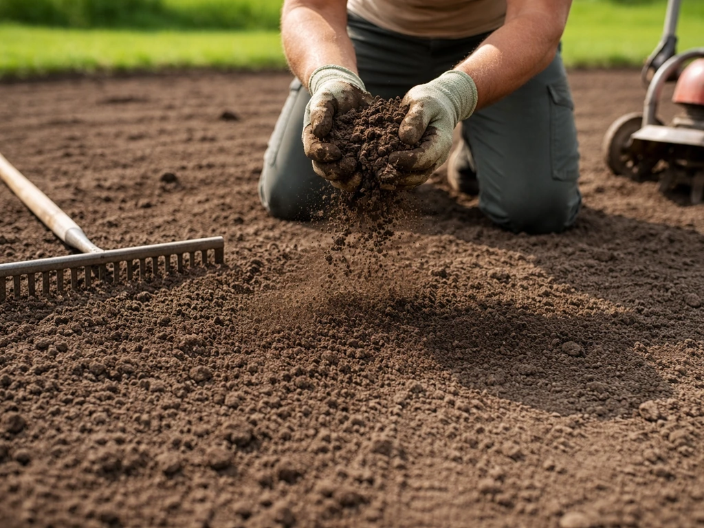 Hand met tuinaarde in een egaliserend perceel met hark op losse, vooraf omgewerkte grond