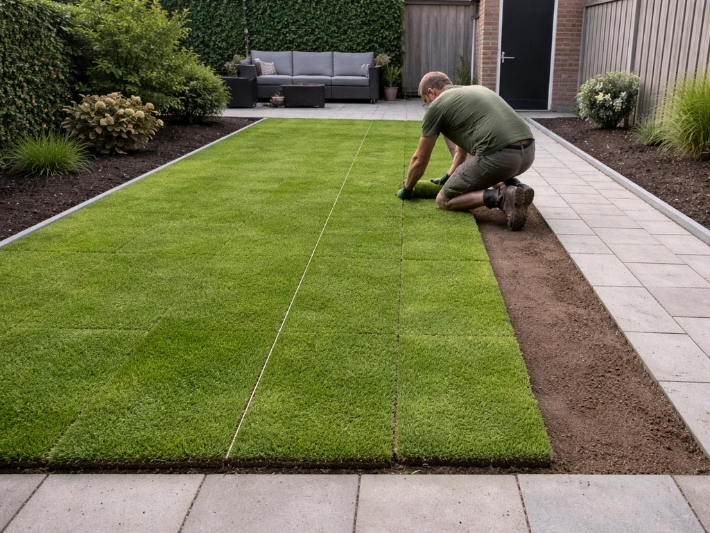 Nederlandse tuin met vers gelegde graszoden en strakke randen, terwijl anonieme tuinier langs een lijn werkt.