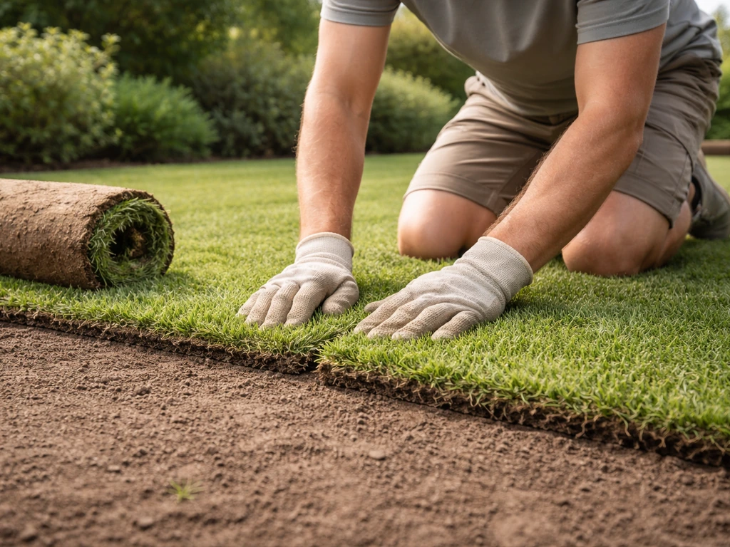 Iemand legt graszoden op een egalige tuinbodem in het voorjaar, met droog weer en zacht daglicht.