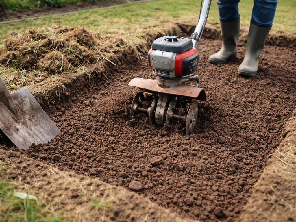 Spade of grondfrees die oude grasmat verwijdert, met schone, losgemaakte aarde in de tuin.
