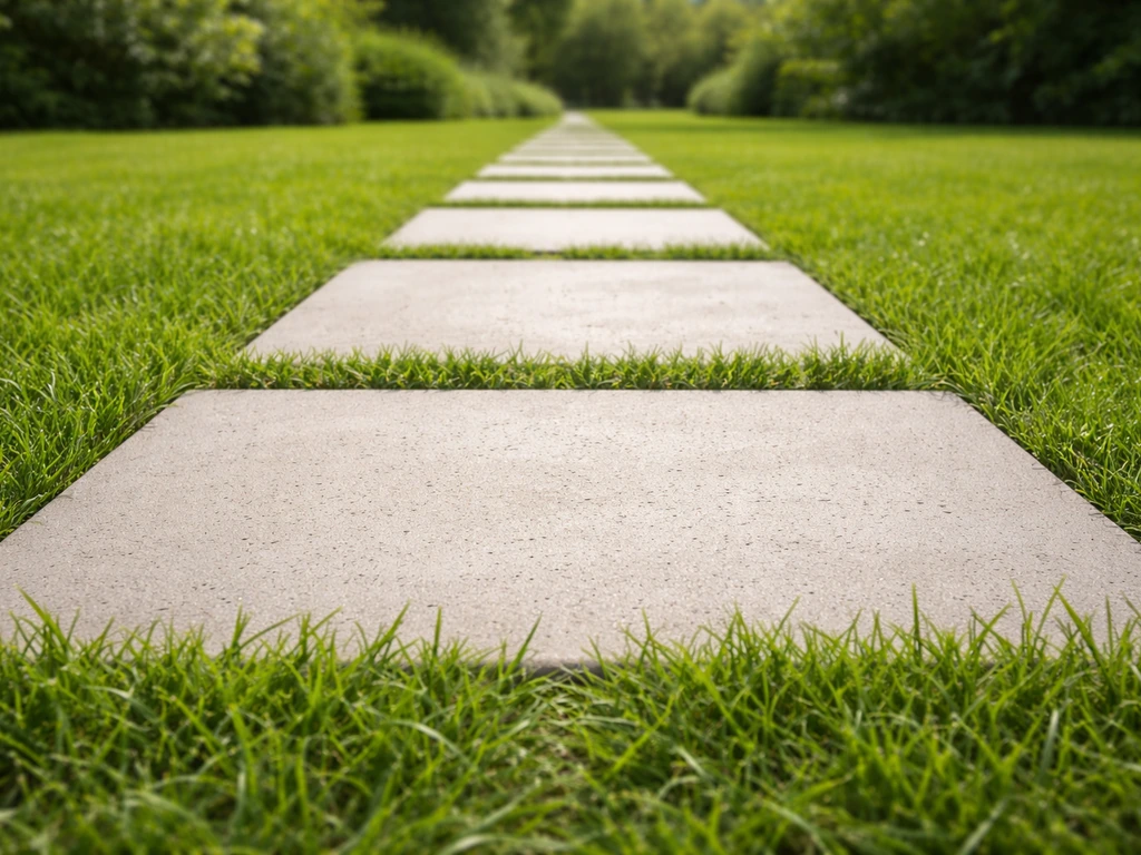 Laag bij de grond gefotografeerd pad van staptegels in levend gras, met strakke voegen en gras-nabijheid.