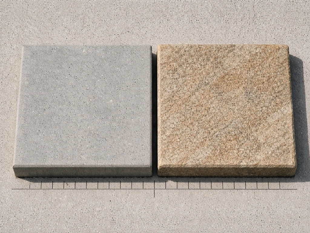 Twee staptegels naast elkaar—beton en natuursteen—met zicht op kleur, structuur en een eenvoudige schaalverdeling.