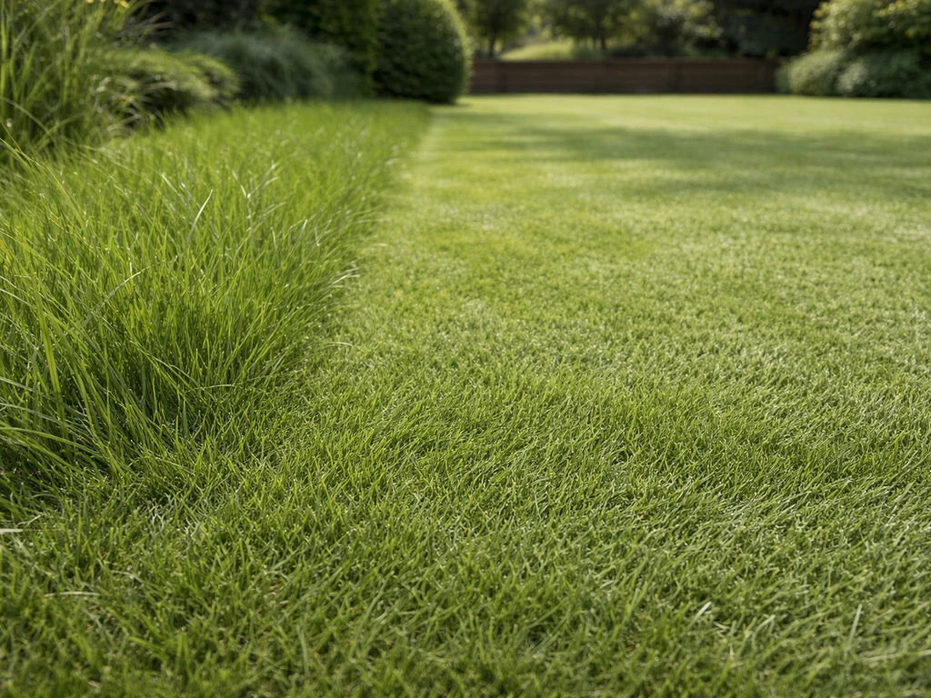 Groene grasprieten die zijwaarts uitgroeien, met links langere sprieten en rechts korter gemaaid gras.