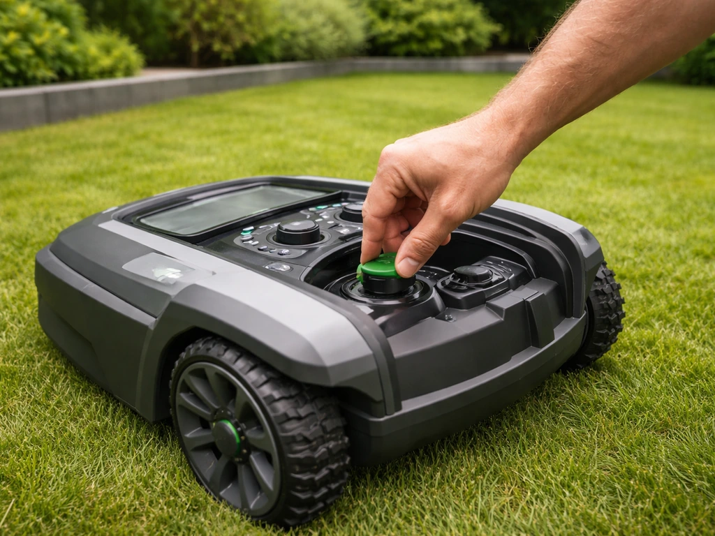 Robotmaaier in tuin, maaihoogtehendel zichtbaar terwijl iemand de maaihoogte bijstelt