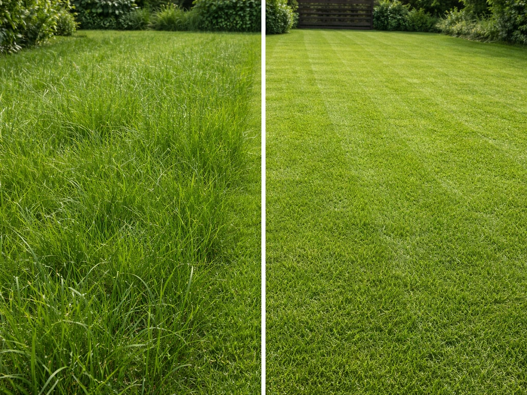 Voor-en-na beeld: uitgegroeid gazon van ca. 10 cm naast hersteld, kort gemaaid gras na eerste aanpassing.