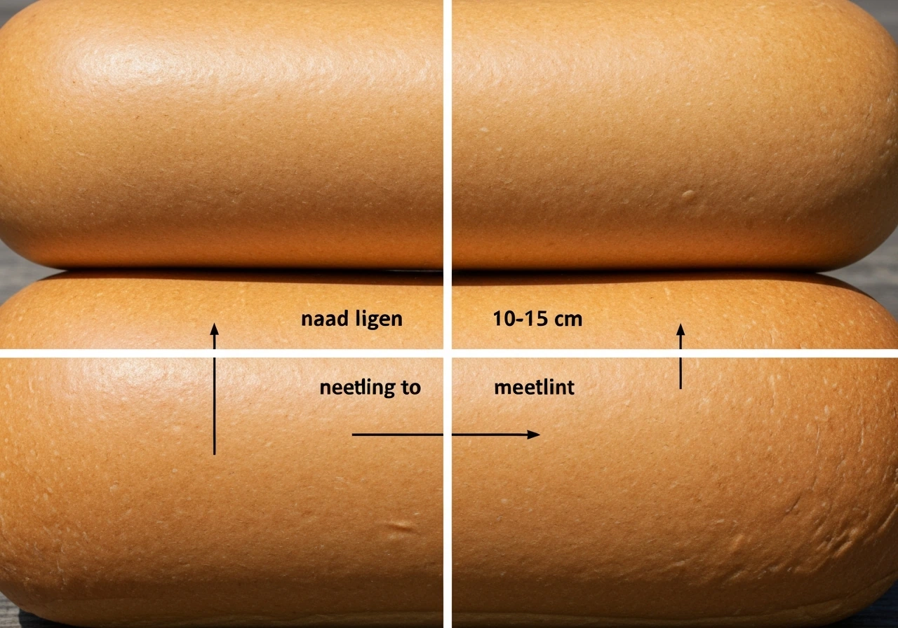 Close-up van twee banen worteldoek met 10–15 cm overlap op een bodemrand, met meetlint als referentie.