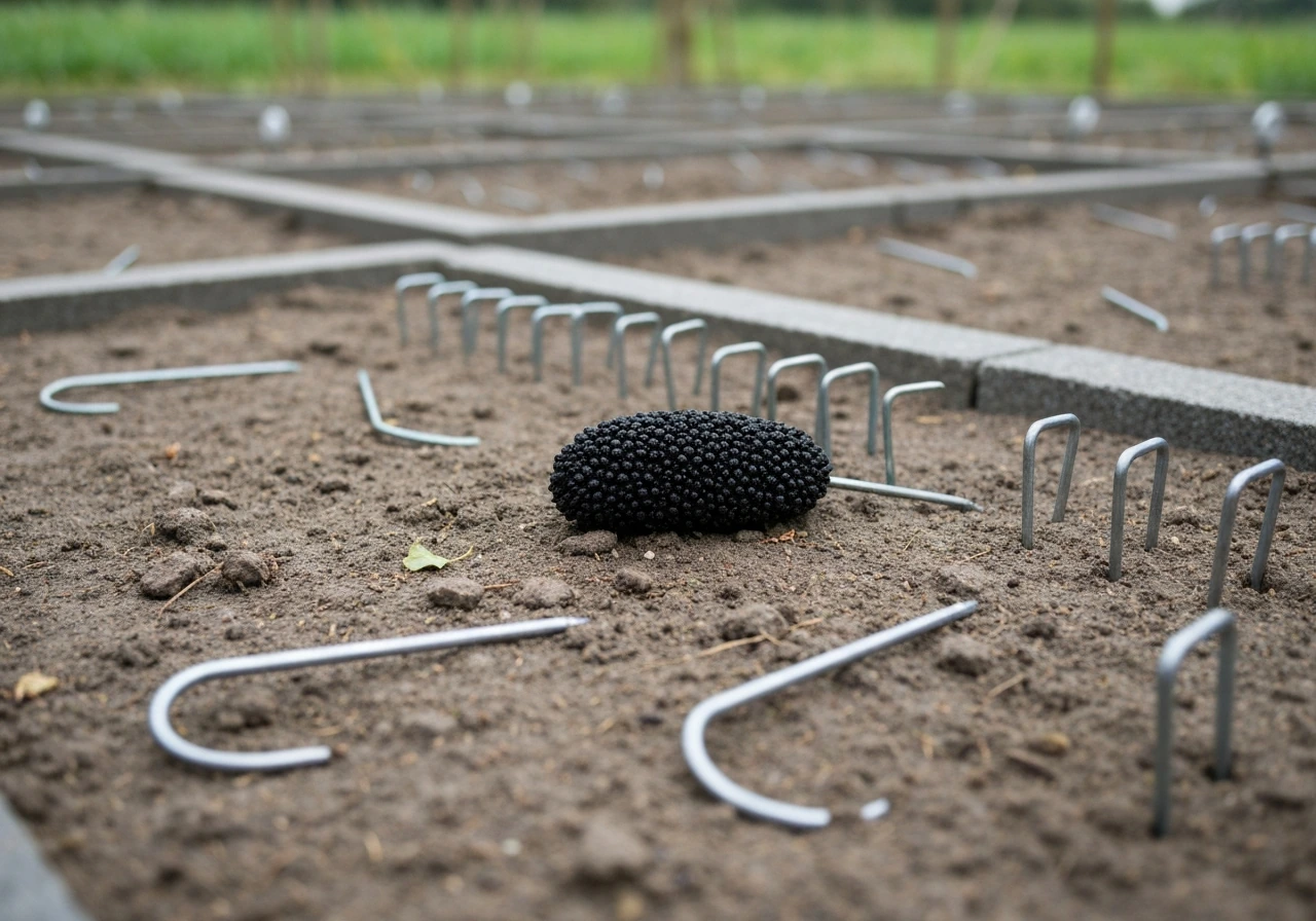 Worteldoek langs een bordersteen vastgezet met metalen U-pennen in de grond.