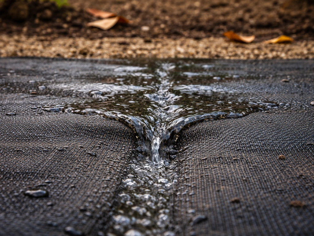 Close-up van water dat door waterdoorlatend worteldoek in de grond trekt zonder plassen te vormen.