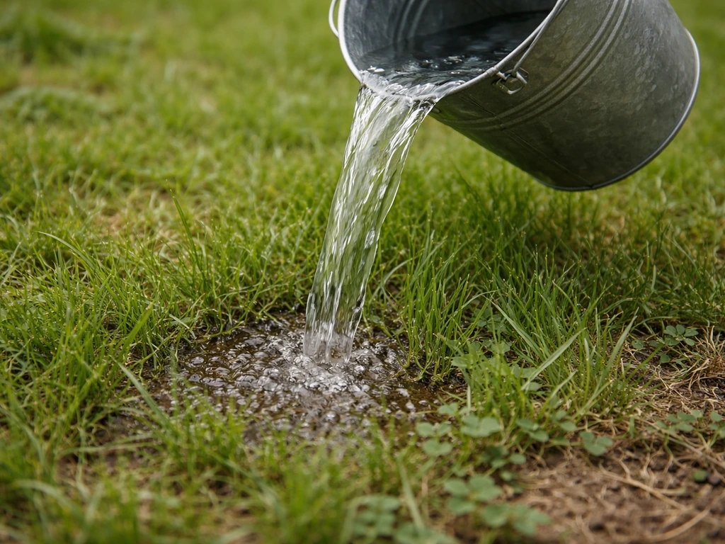 Emmer met water wordt over gras gegoten; natte plek verspreidt zich en het gras dringt het water in.