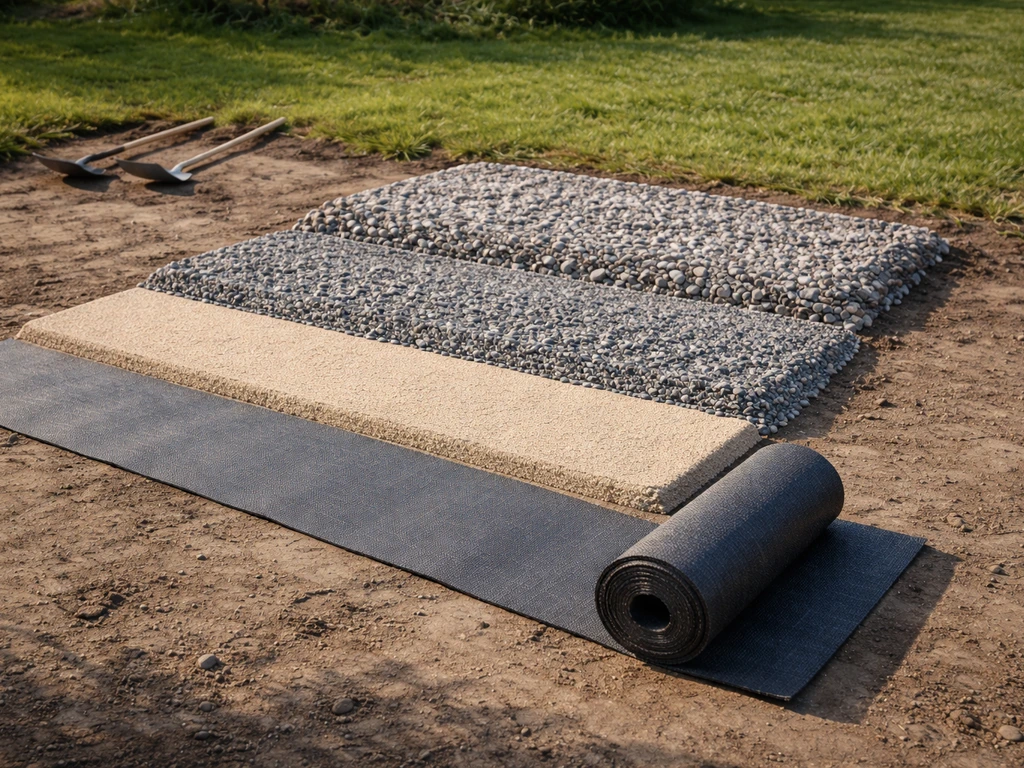 Opgerolde rol worteldoek en lagen opbouwmateriaal op een leeg grasveld, als gelaagde terrasopbouw.