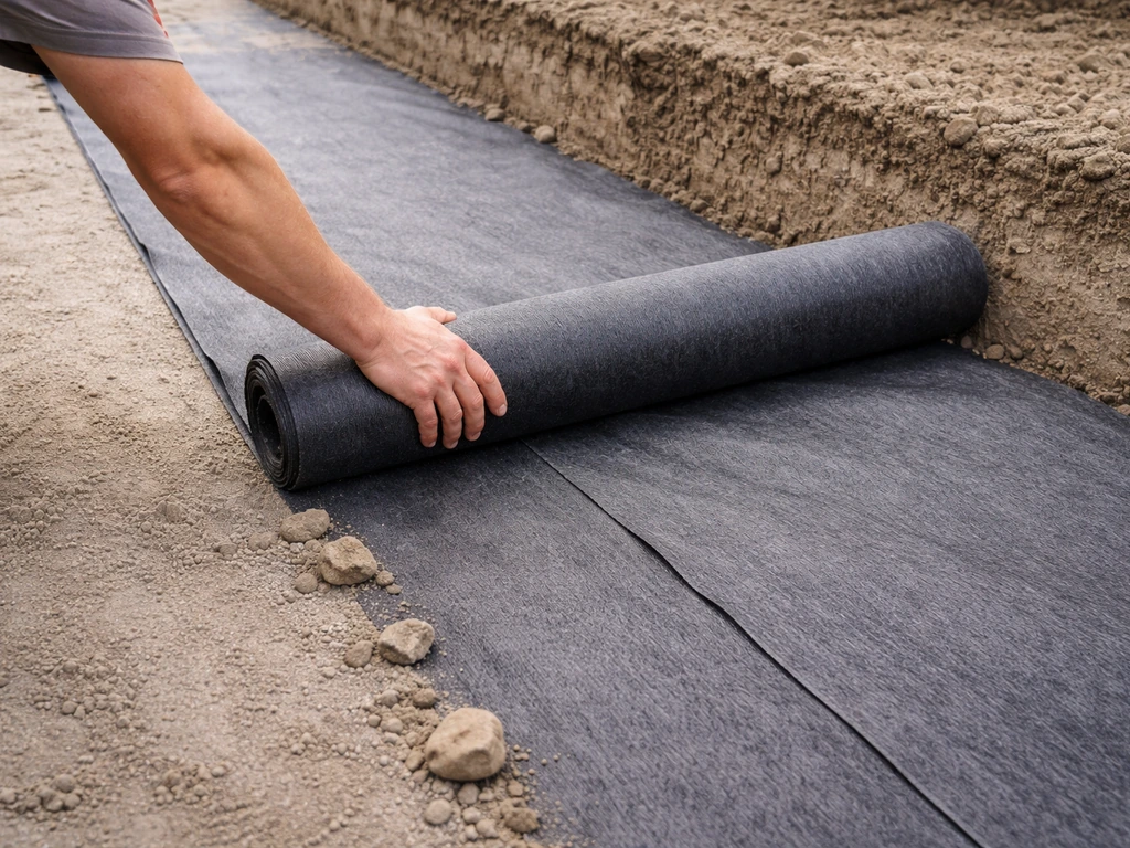 Hand rolt worteldoek (geotextiel) uit op een vlakke bouwbodem; overlap bij de naad zichtbaar.