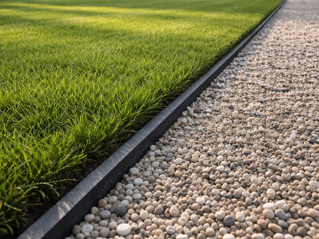 Strakke overgang gras naar grind in een Nederlandse voortuin, met geotextiel en duidelijk contrasterende grindlaag.