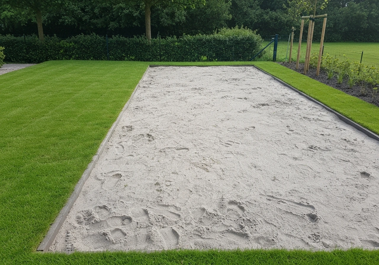 Nette tuin met een zichtbare, egale zand/opbouwzone onder een randje graszoden.
