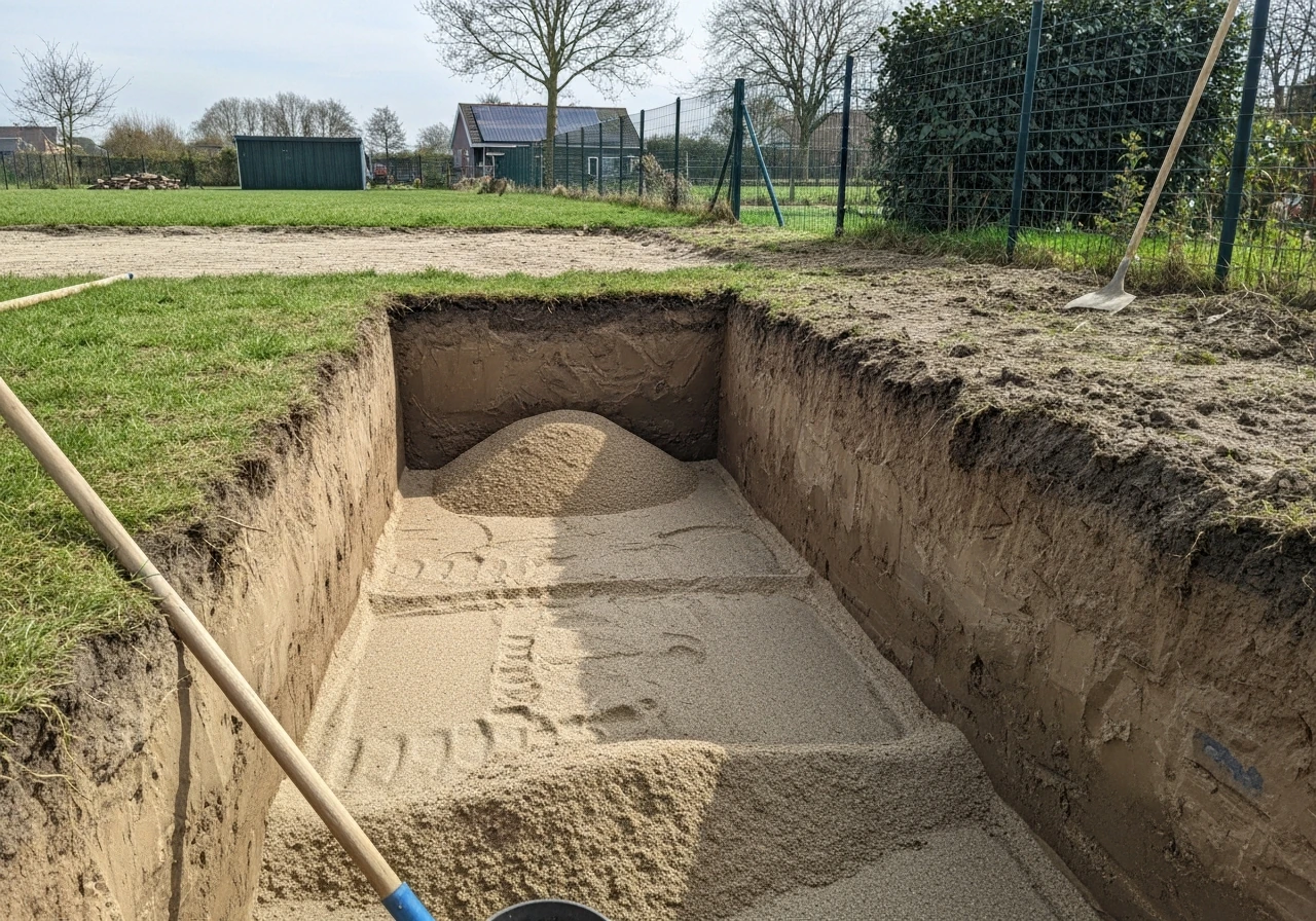 Bodemwerkplaats: uitgegraven grond met drainagesleuf en grof zand/grind in een minimalistische tuinsetting.