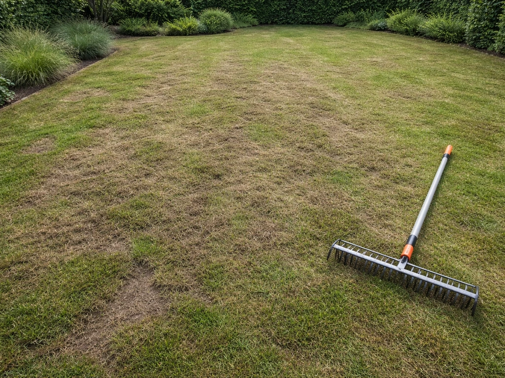 Bovenaanzicht van een gazon met viltlaag en uitgedunde plekken, met een verticuteerhark klaar voor onderhoud.