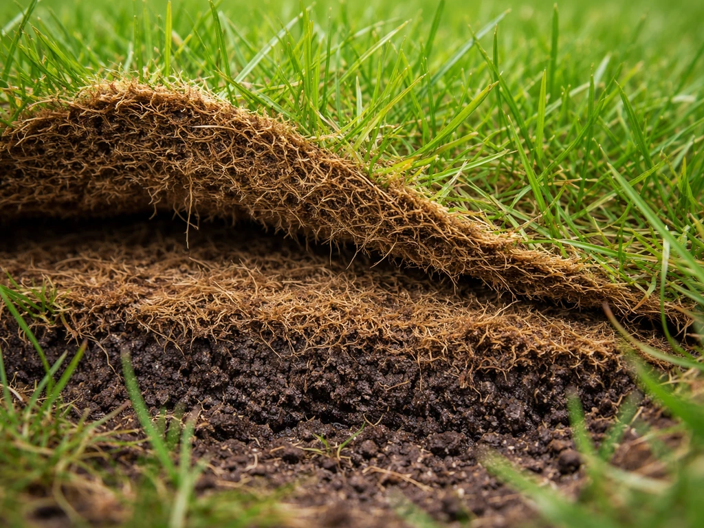 Close-up van een viltlaag in een gazon: sponsachtig materiaal tussen gras en bodem.