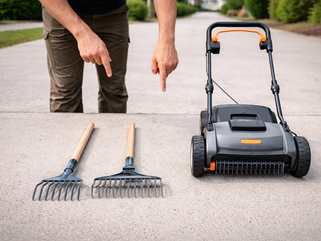 Twee sets tuingereedschap op een oprit: handhark/verticuteerhark naast een verticuteermachine, klaar voor vilt verwijder
