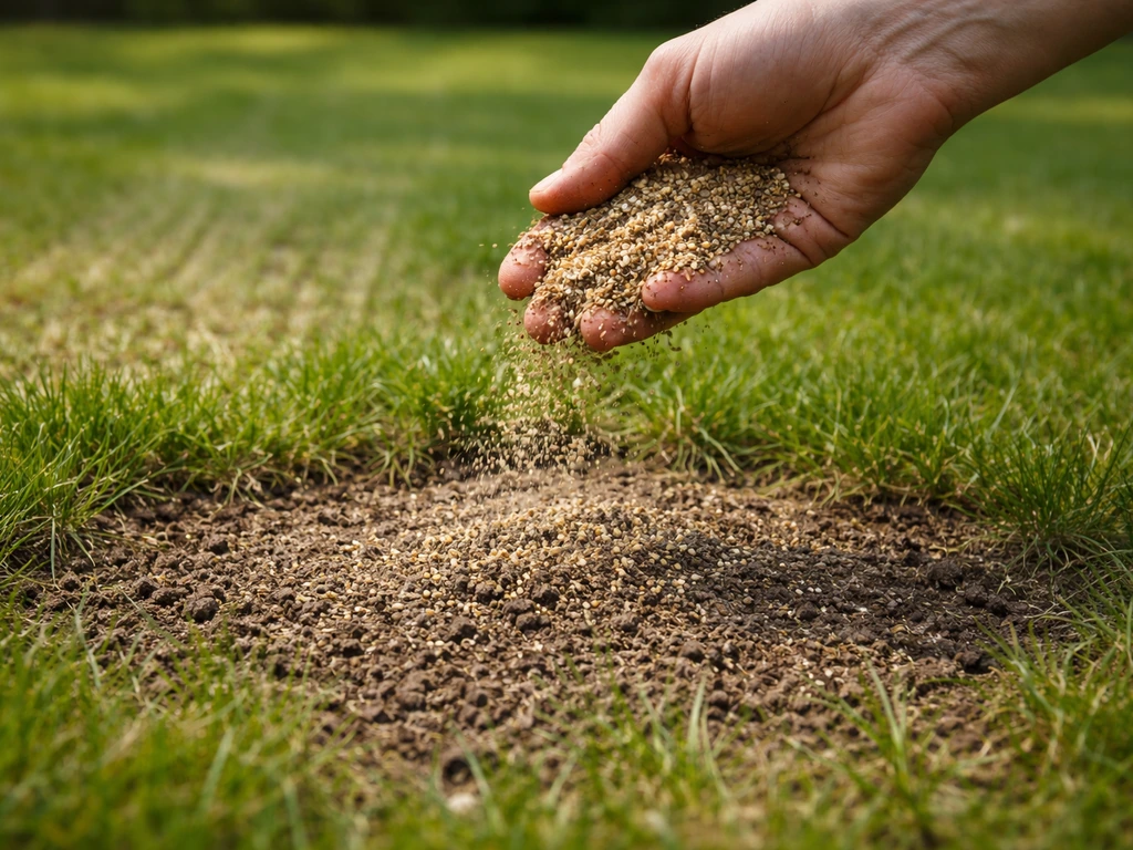 Hand strooit grasmengsel en topdressing op een kale plek in het gazon na verticuteren, jonge grassprieten zichtbaar.