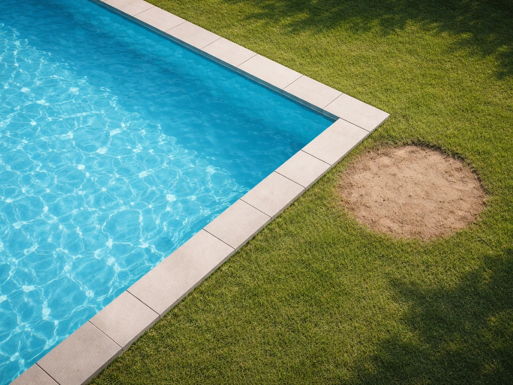 Bovenaanzicht van een buitenzwembad met een duidelijke kale plek in het gras ernaast.