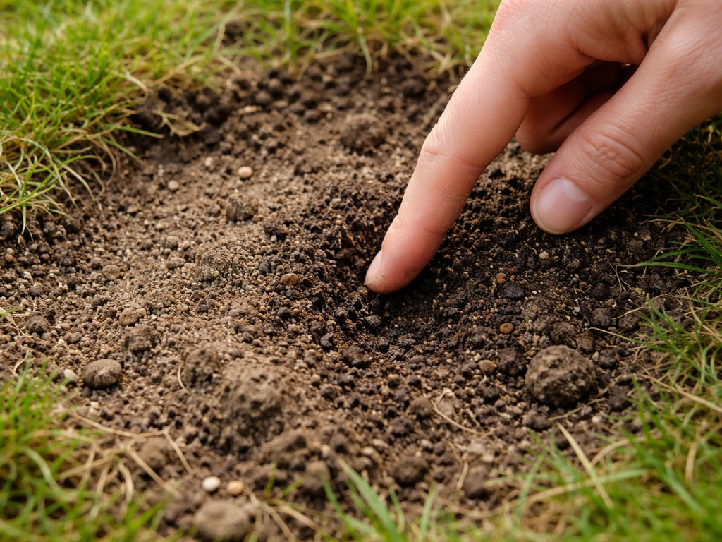 Hand drukt met een vinger in de grond naast een kale plek in de tuin; bodemkleur en structuur zijn zichtbaar.