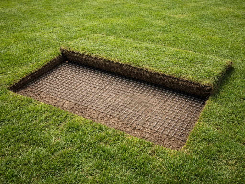 Bovenaanzicht van een opengelegd stuk gazon met zichtbaar gaas onder gras en voorbereide teelaarde.
