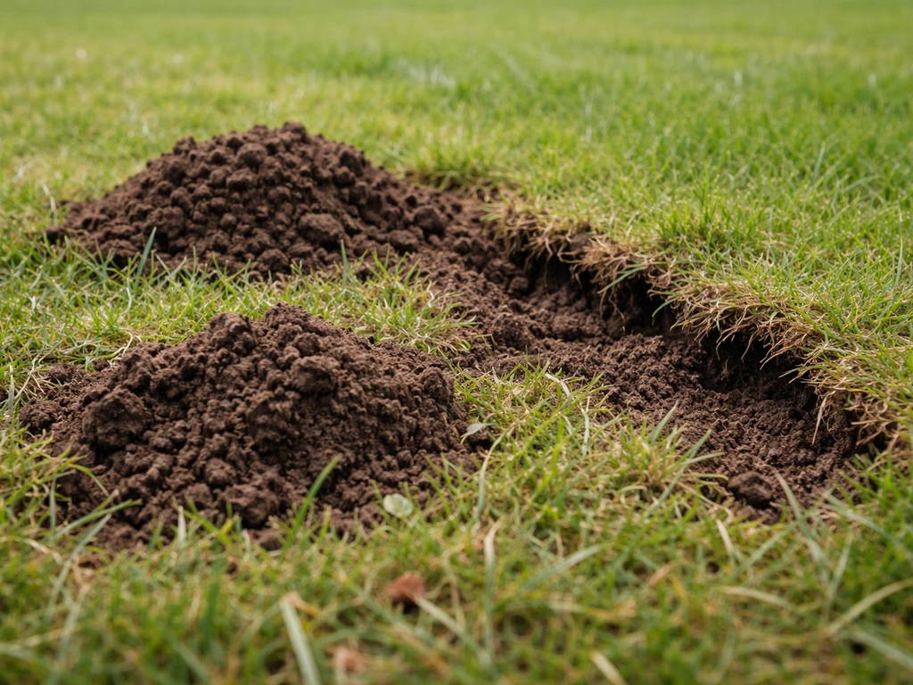 Molshopen en losgetrokken stroken gras in een gazon, met zichtbare aarde net onder het oppervlak.