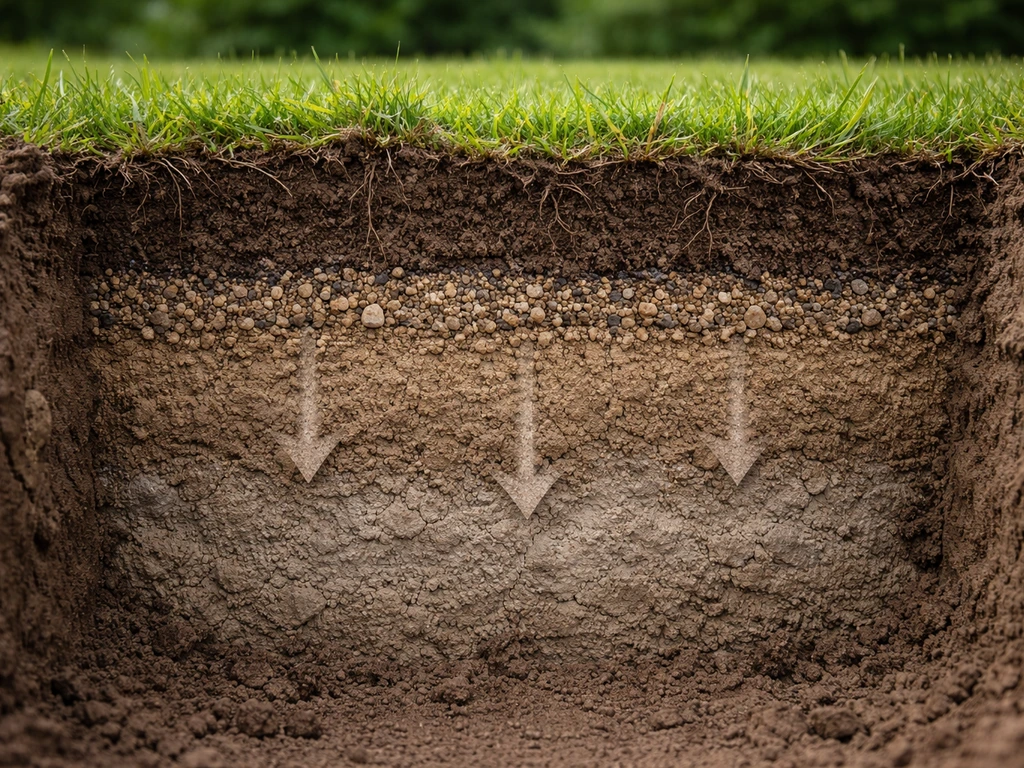 Opengegraven tuinprofiel met teelaarde en filterlaag onder een gazon, met pijlen die afvoer van water tonen.