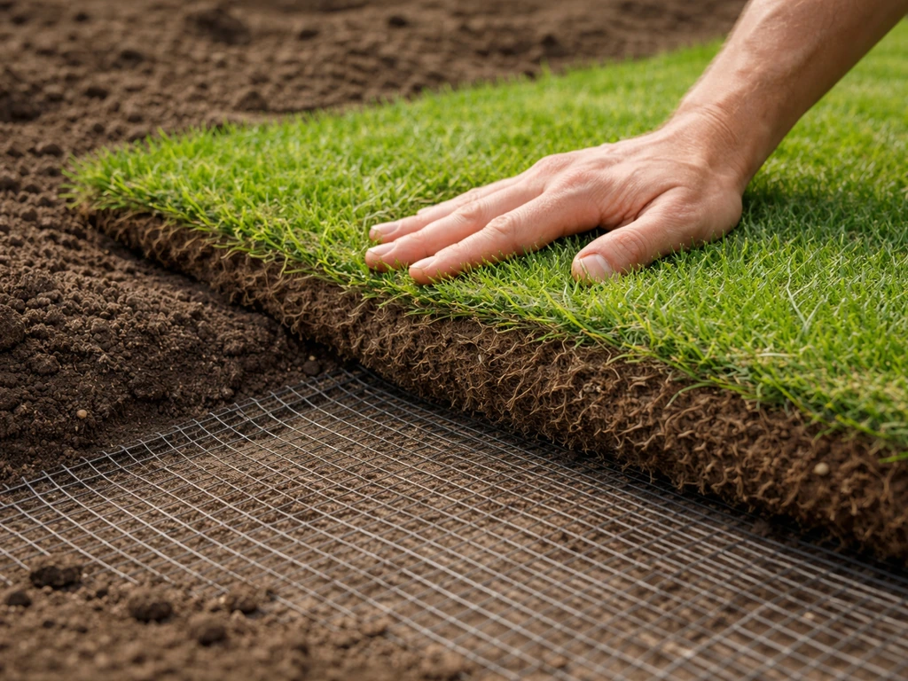 Detail van graszoden die op teelaarde boven gaas worden gelegd in een tuin, met focus op de overgang.