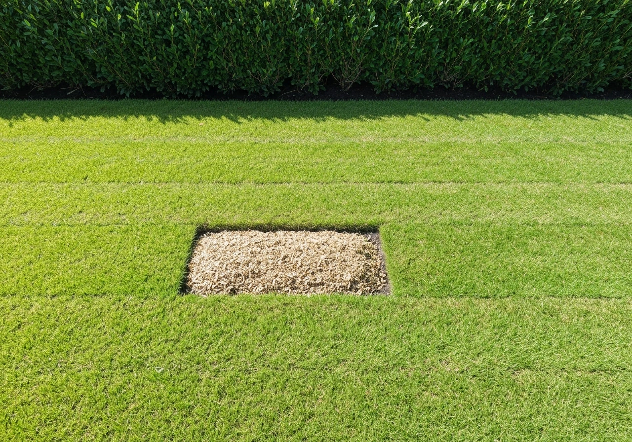 Bovenaanzicht van een gazon met een kale plek hersteld met een dun laagje potgrond en nieuw gras.