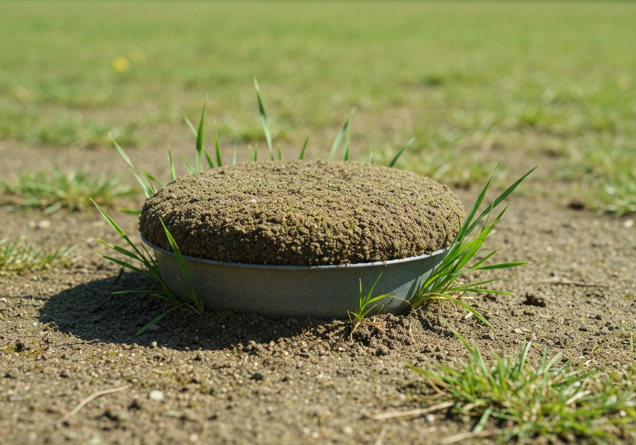 Snede door een gazon met te dikke potgrondlaag die licht en lucht naar de graswortels belemmert.