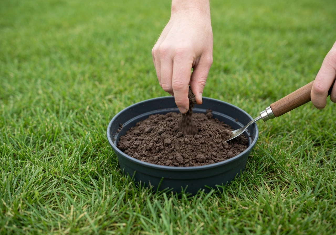 Handhark verspreidt dunne potgrond over kale plekken in kort gemaaid gras, met zichtbare reparatiezone.