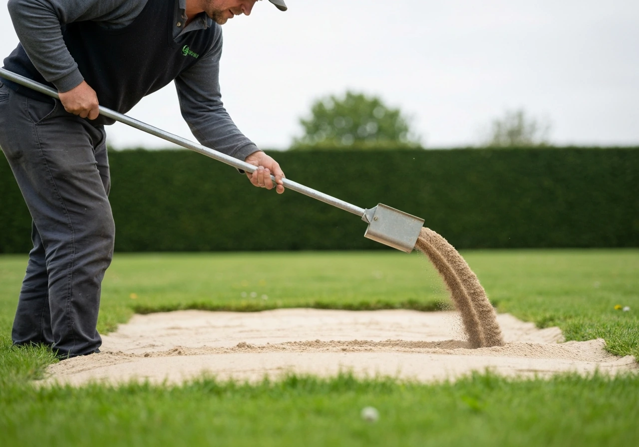Tuinarbeider spreidt met tuinzeef scherp zand over het gazon voor egalisering en onderhoud
