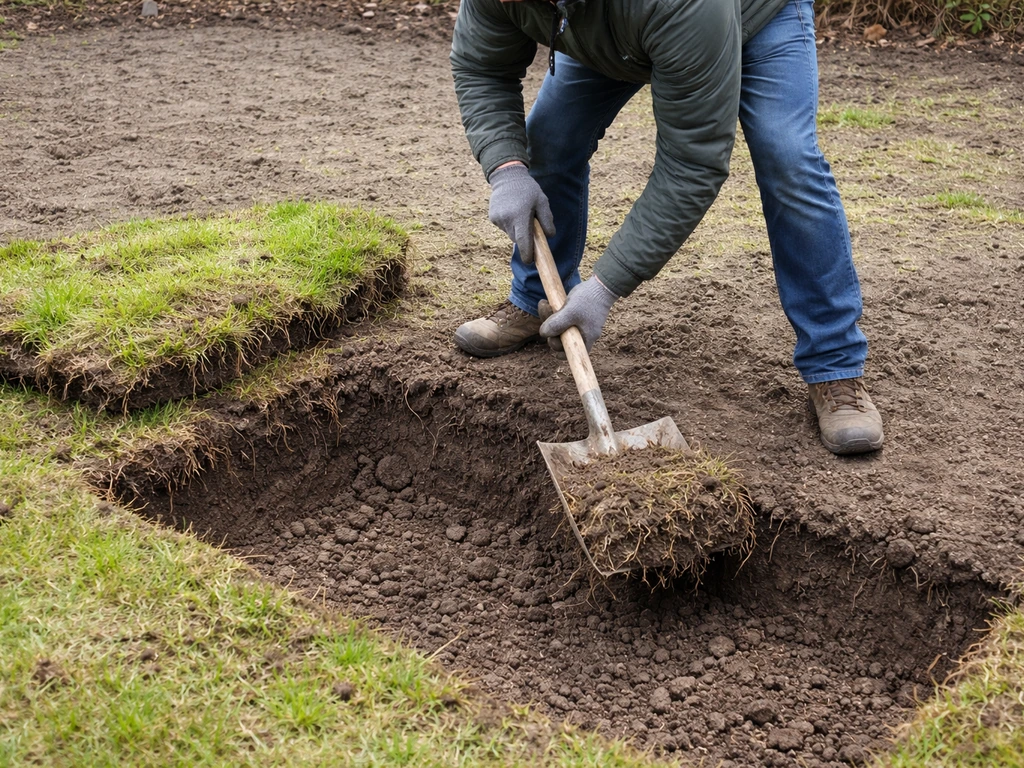 Tuinier graaft oude graszoden af met een schop; wortelresten zichtbaar op blootgelegde bodem.