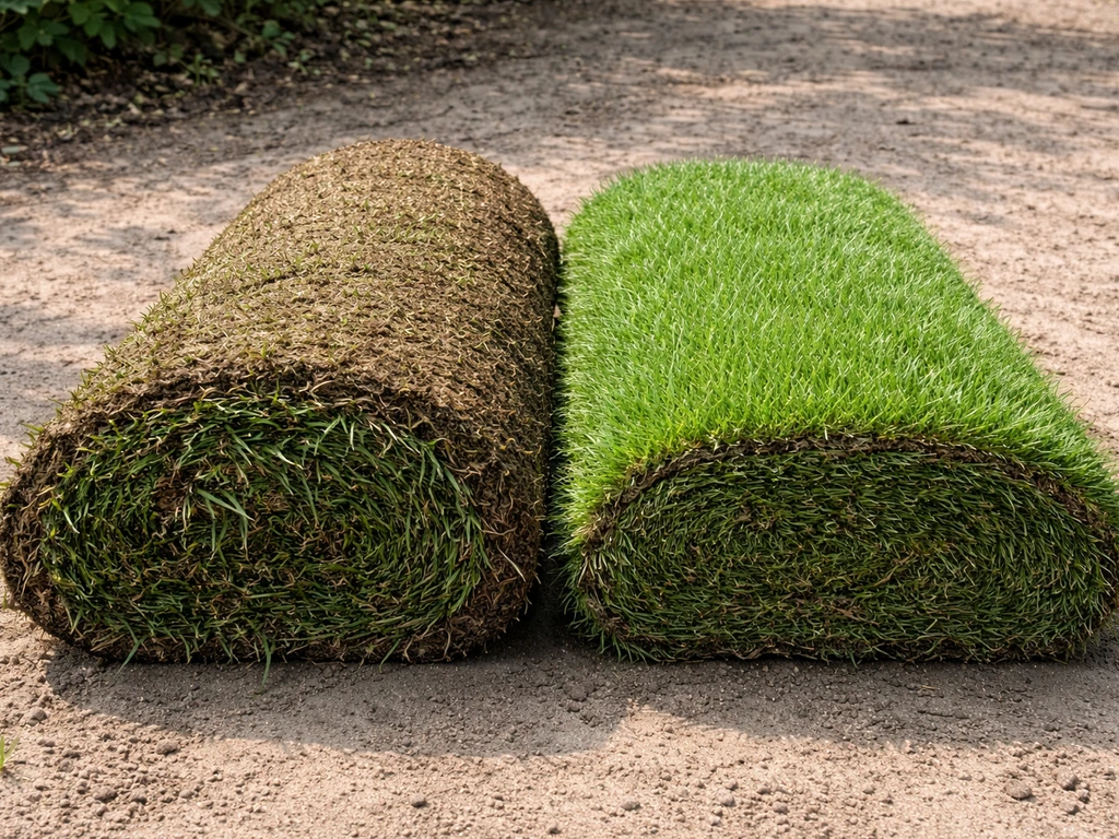 Twee naast elkaar liggende rollen graszoden: gebruiksgras met stevig groen, siergazon met fijner blad, op een erf.