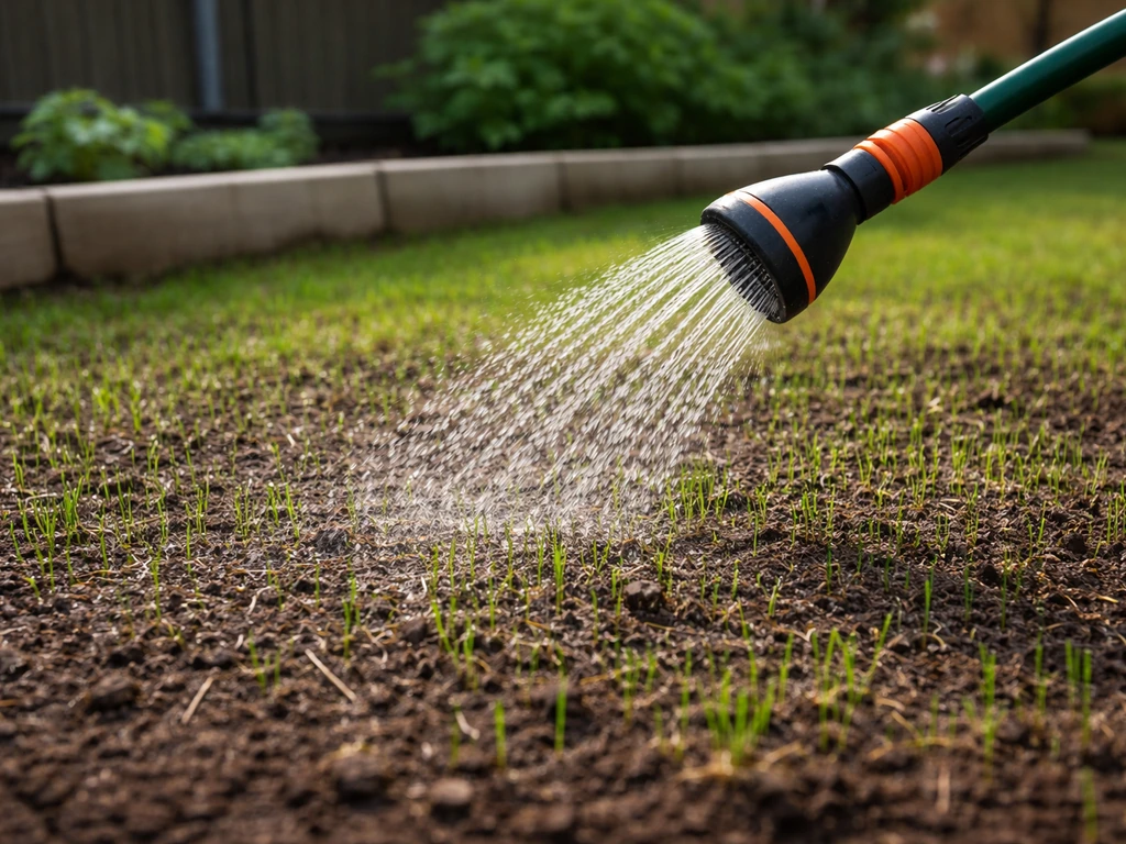 Tuinslang die nieuw aangelegd gras besproeit, met zichtbare waterdruppels en vochtige bovenlaag.
