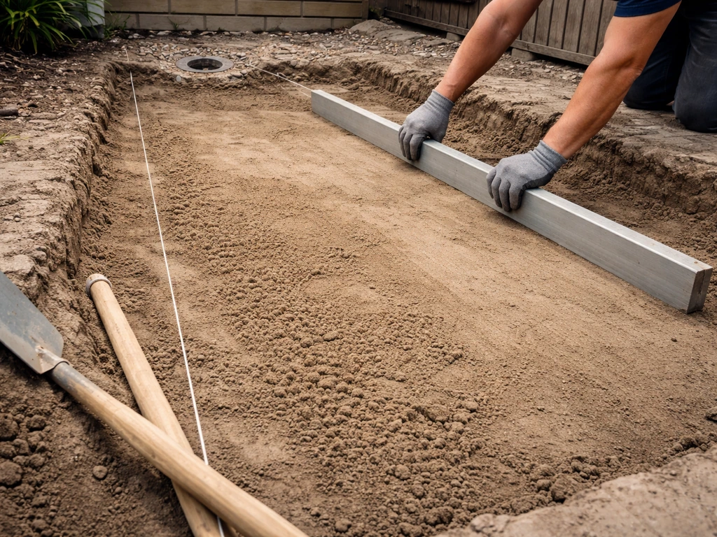 Handen egaliseren uitgegraven grond met rei en afschotlijn richting afvoerputje, natuurlijke tuinsetting.